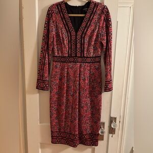 Maggy London Red and Black Patterned Long Sleeve Dress
